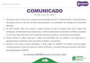 Comunicado de Ajemex Grup sobre el embargo en planta de Huejotzingo por parte del SAT