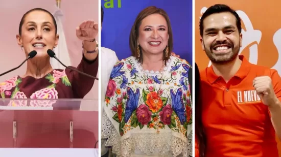 Los candidatos presidenciales: Claudia Sheinbaum por MORENA-PT-OPVEM; Xóchitl Gálvez del PRI-PAN-ORD y Jorge Álvarez Máynez de Movimiento Ciudadano.